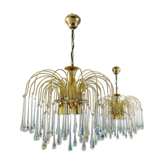 Vintage brass teardrop chandeliers with crystal murano glass, 1970's - set of 2