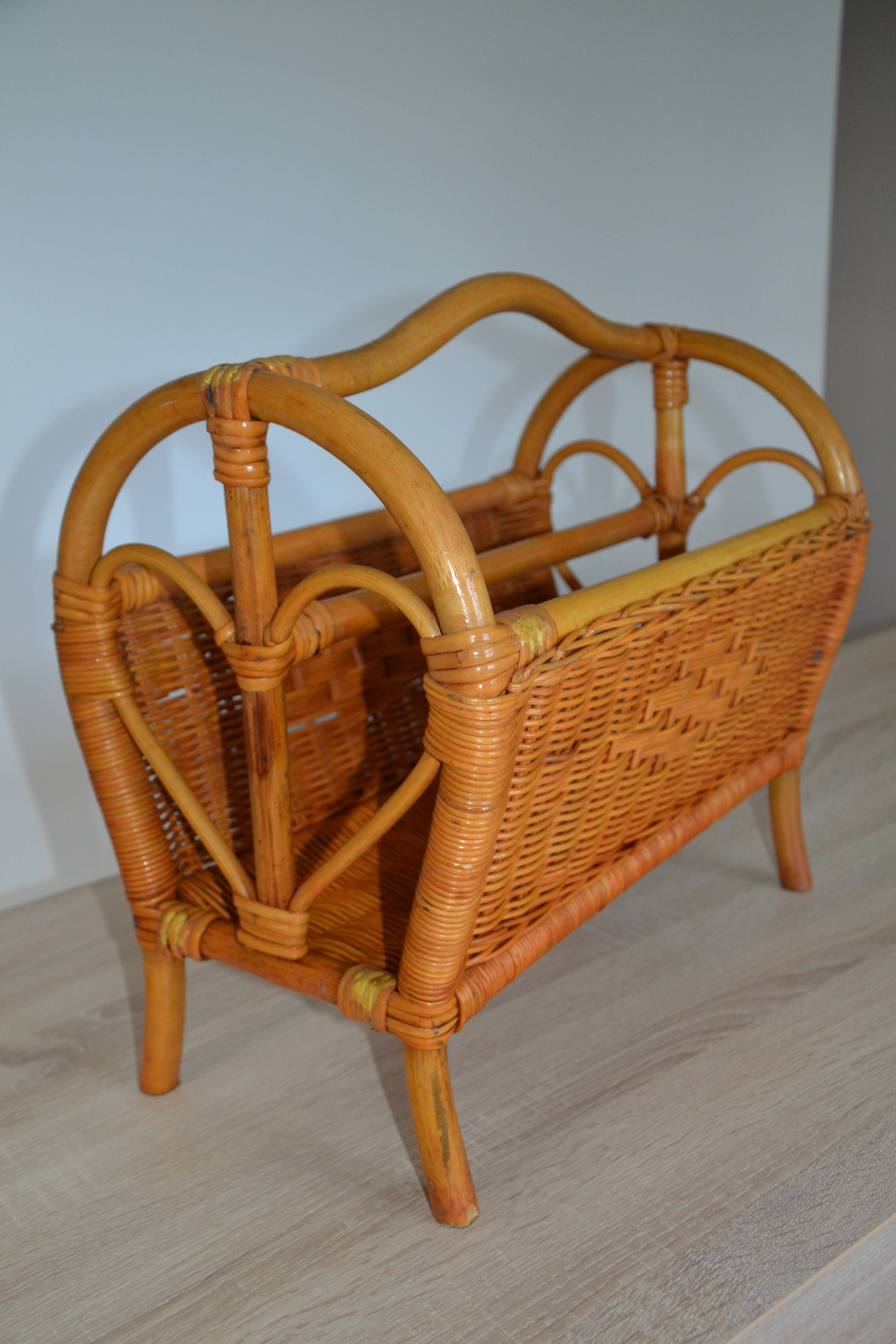 Vintage woven rattan magazine rack