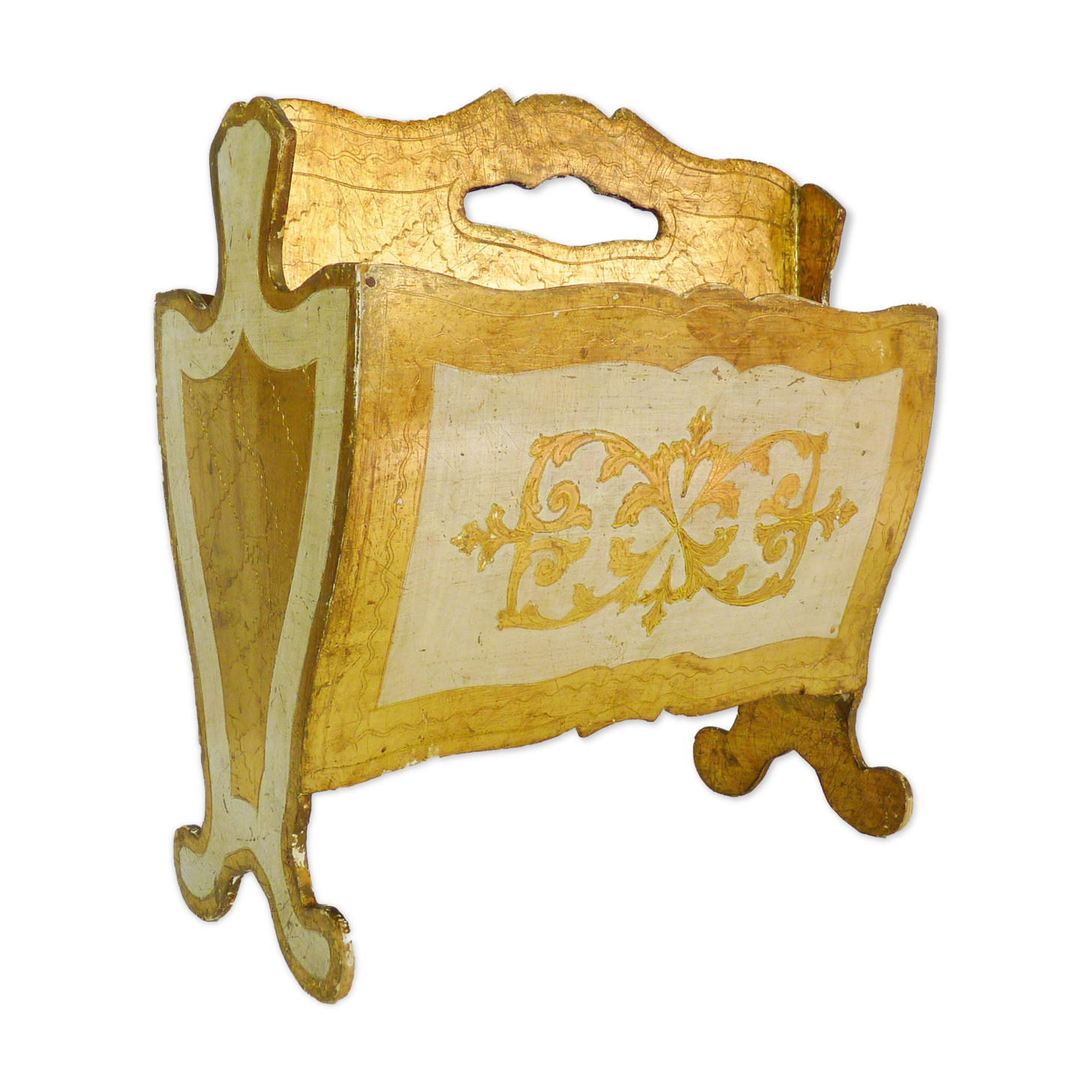 Porte-revues italien florentin en bois or et blanc peint à la main. Année 50
