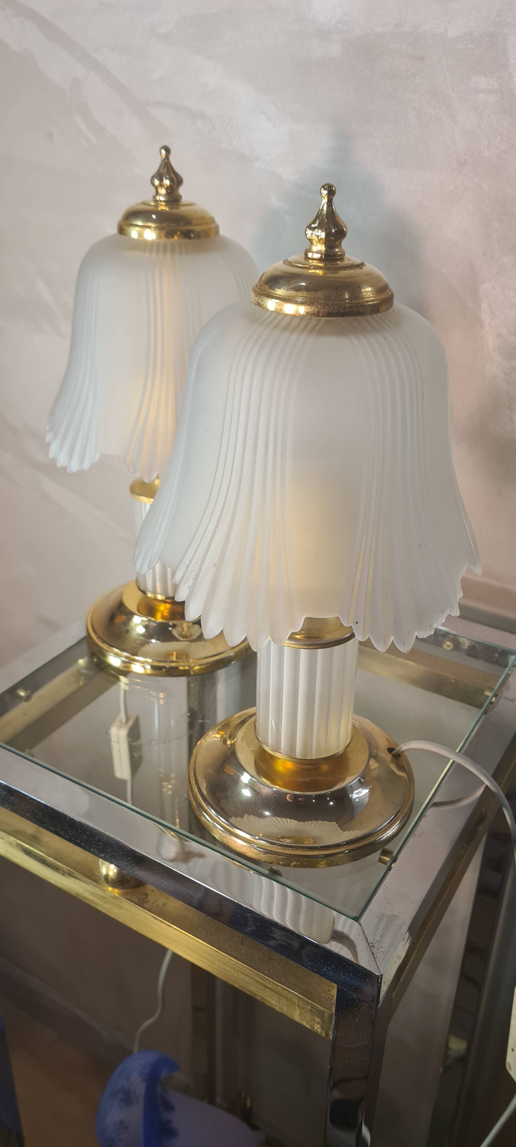 pair of bedside lamp, molded glass and brass 1970