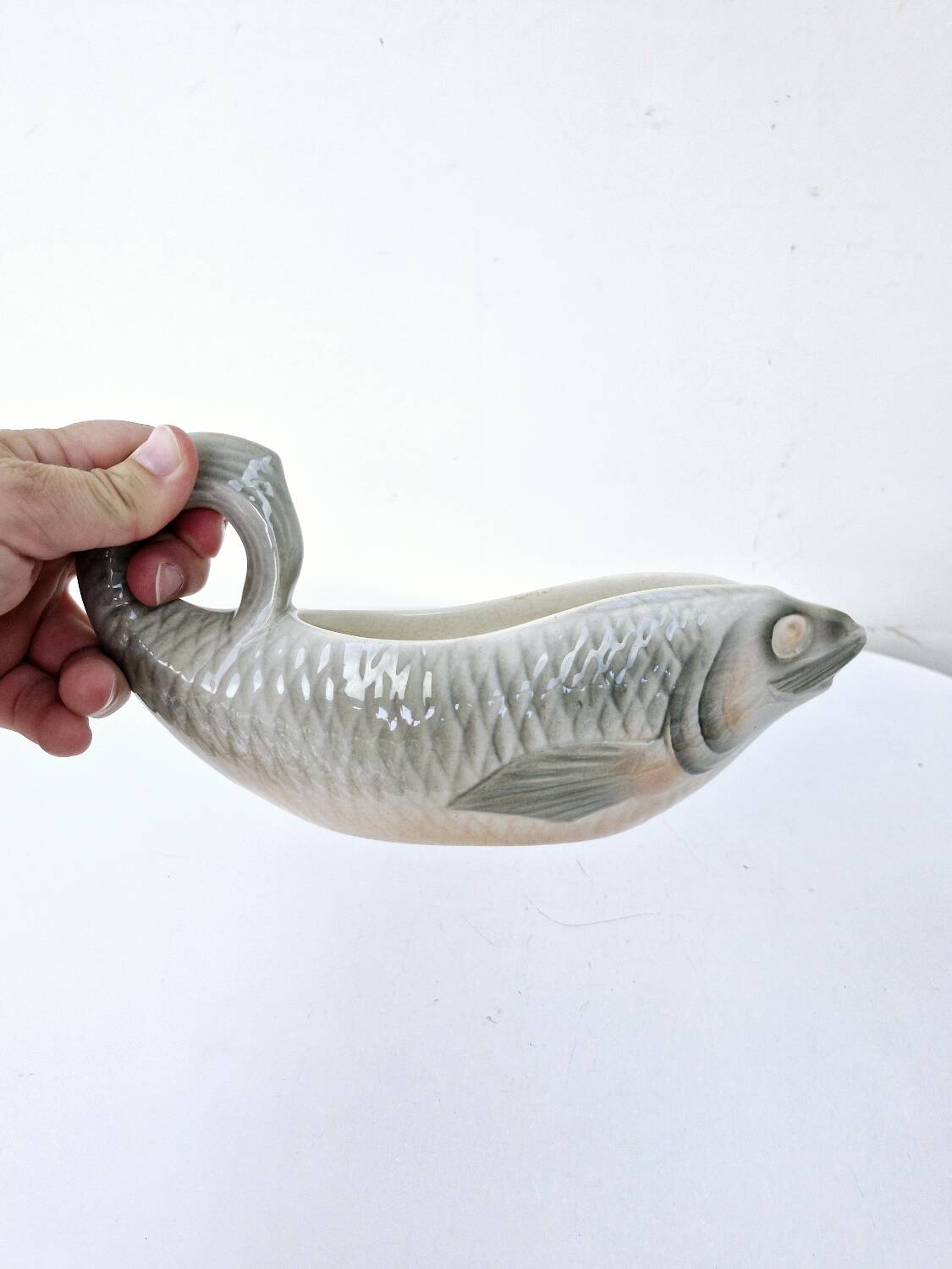 Gravy Boat With Handle Old Earthenware Ceramic Sarreguemines Salmon Fish Shape