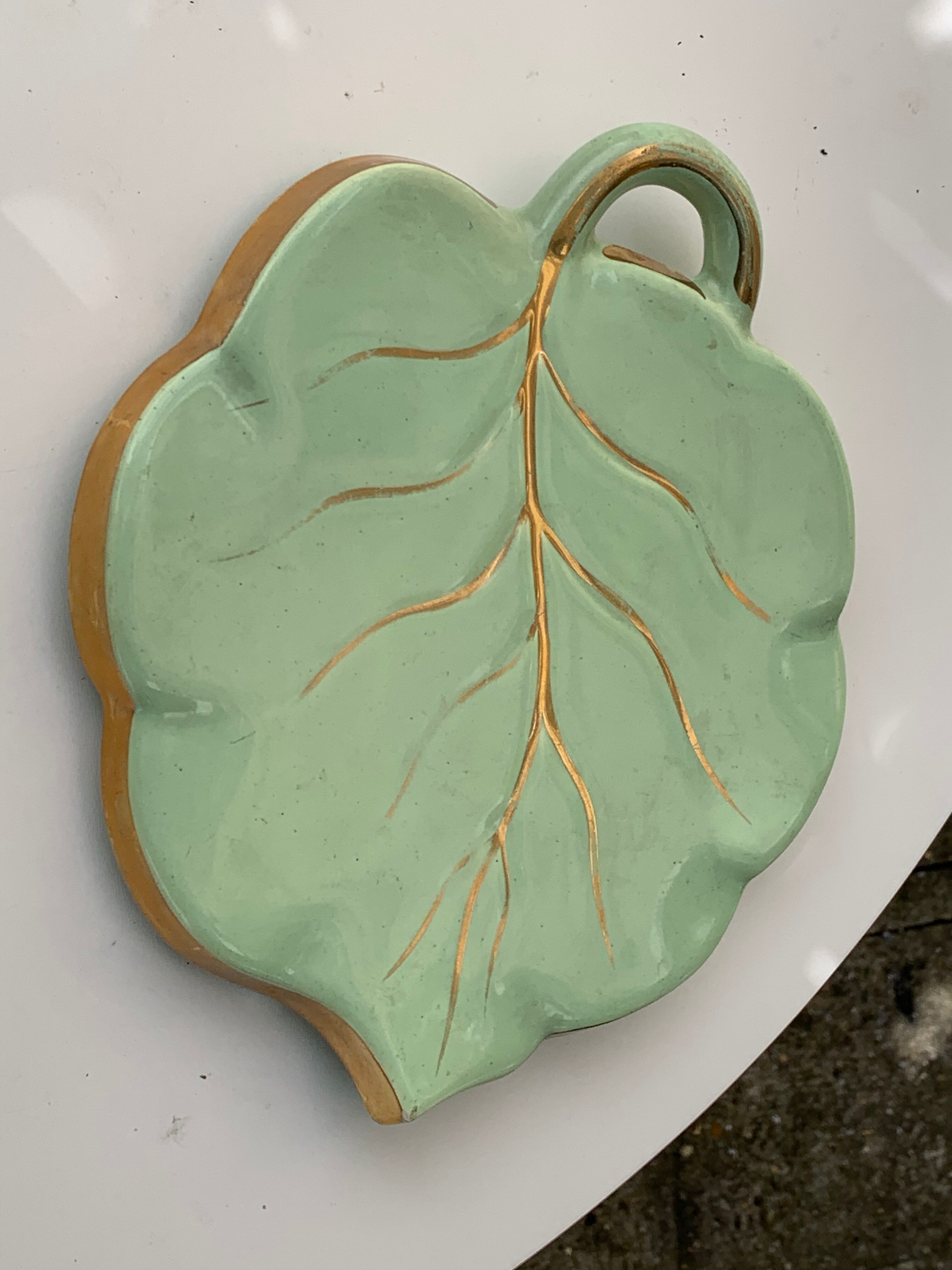 Ceramic underside, light green and gold, vintage leaf shape