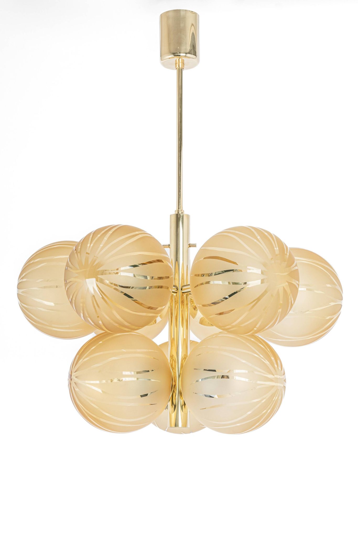 Large Sputnik chandelier in opaline and brass, Germany, 1970s.