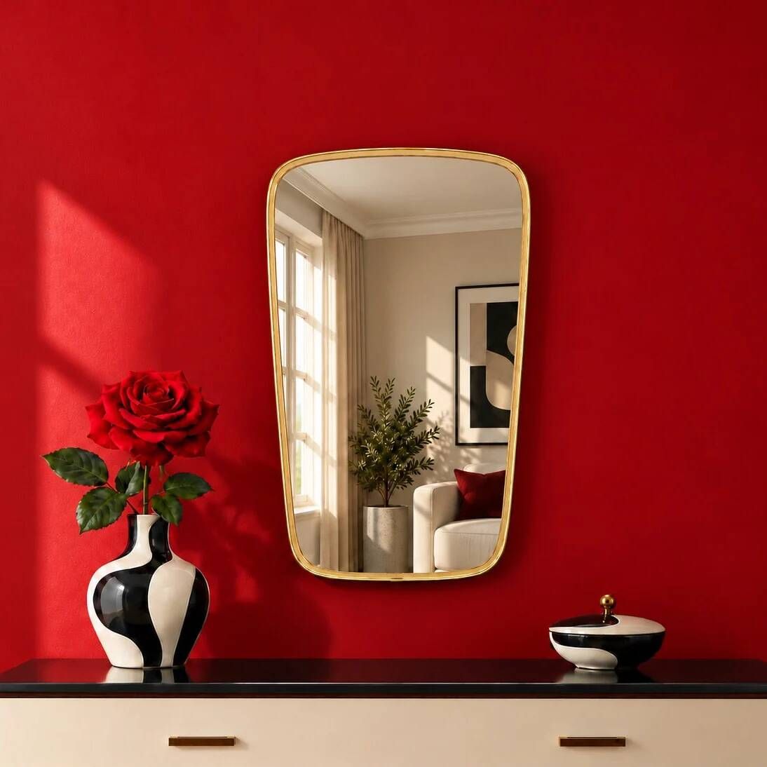 Trapezoidal wall mirror in gold metal – 1950s-60s modernist design