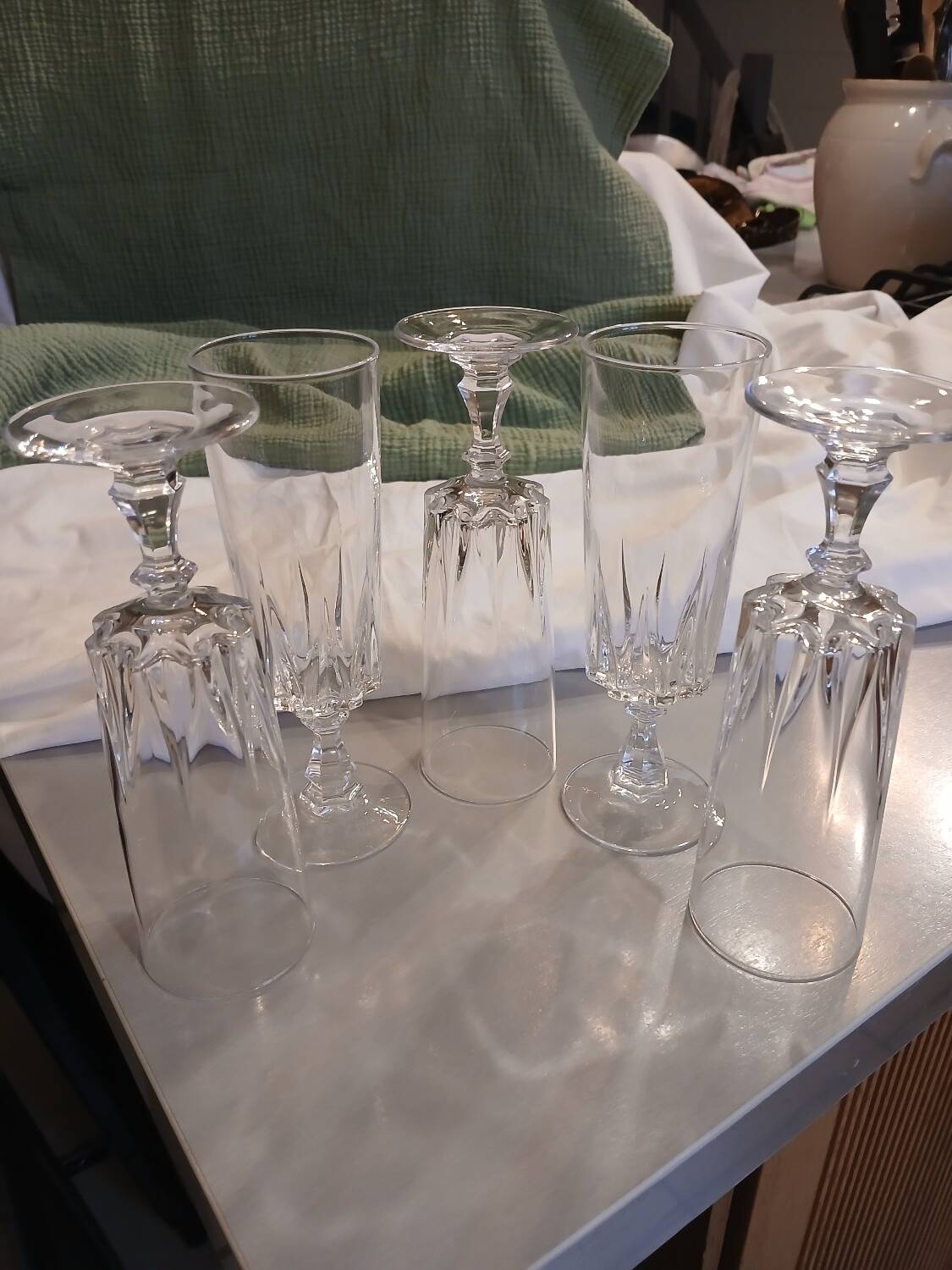 5 antique crystal flutes