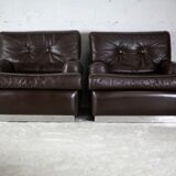 Pair of armchairs brown leather base stainless steel, France, circa 1970