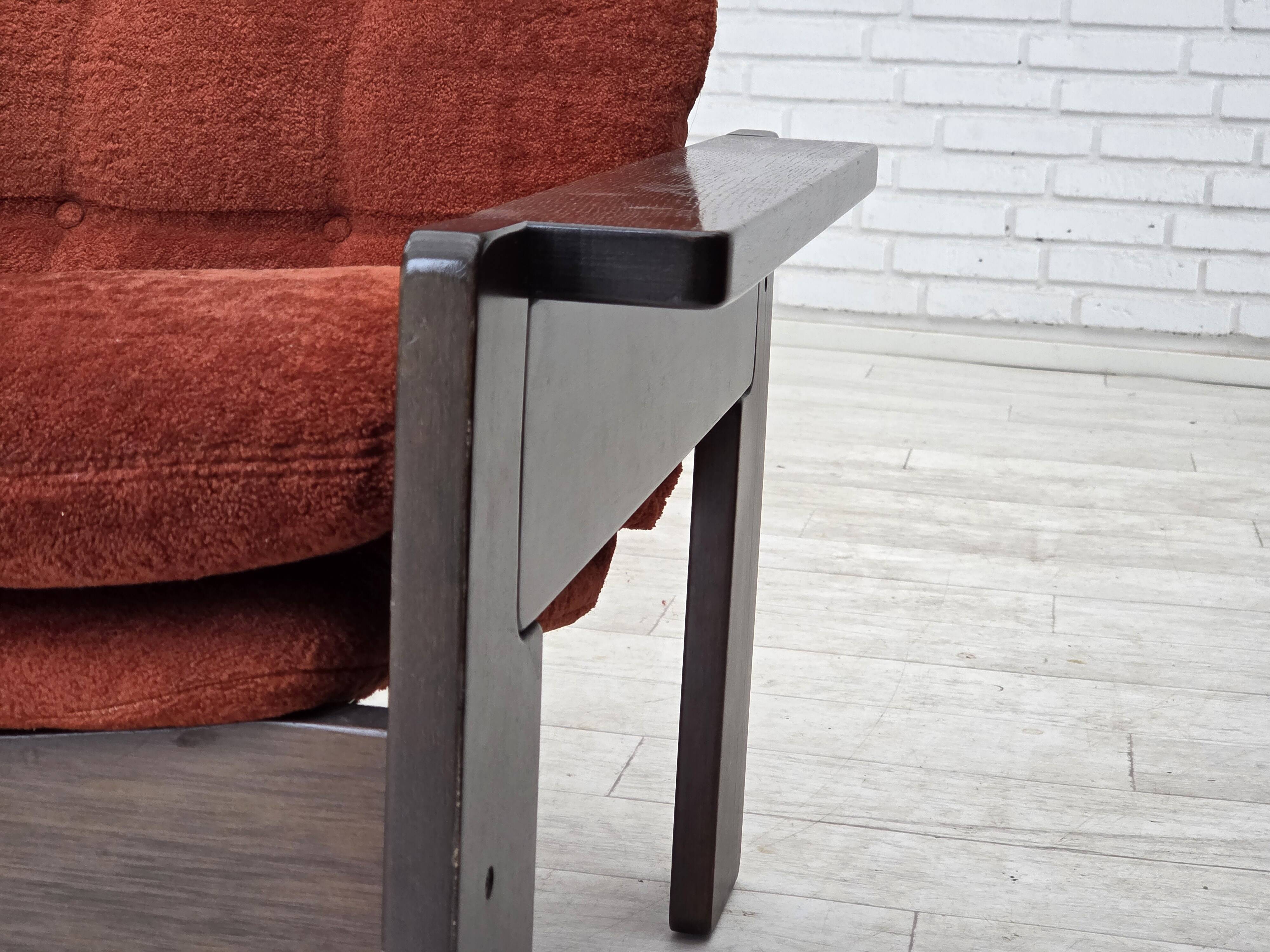 1970s, Danish armchair, orange/red furniture velour, dark oak wood.