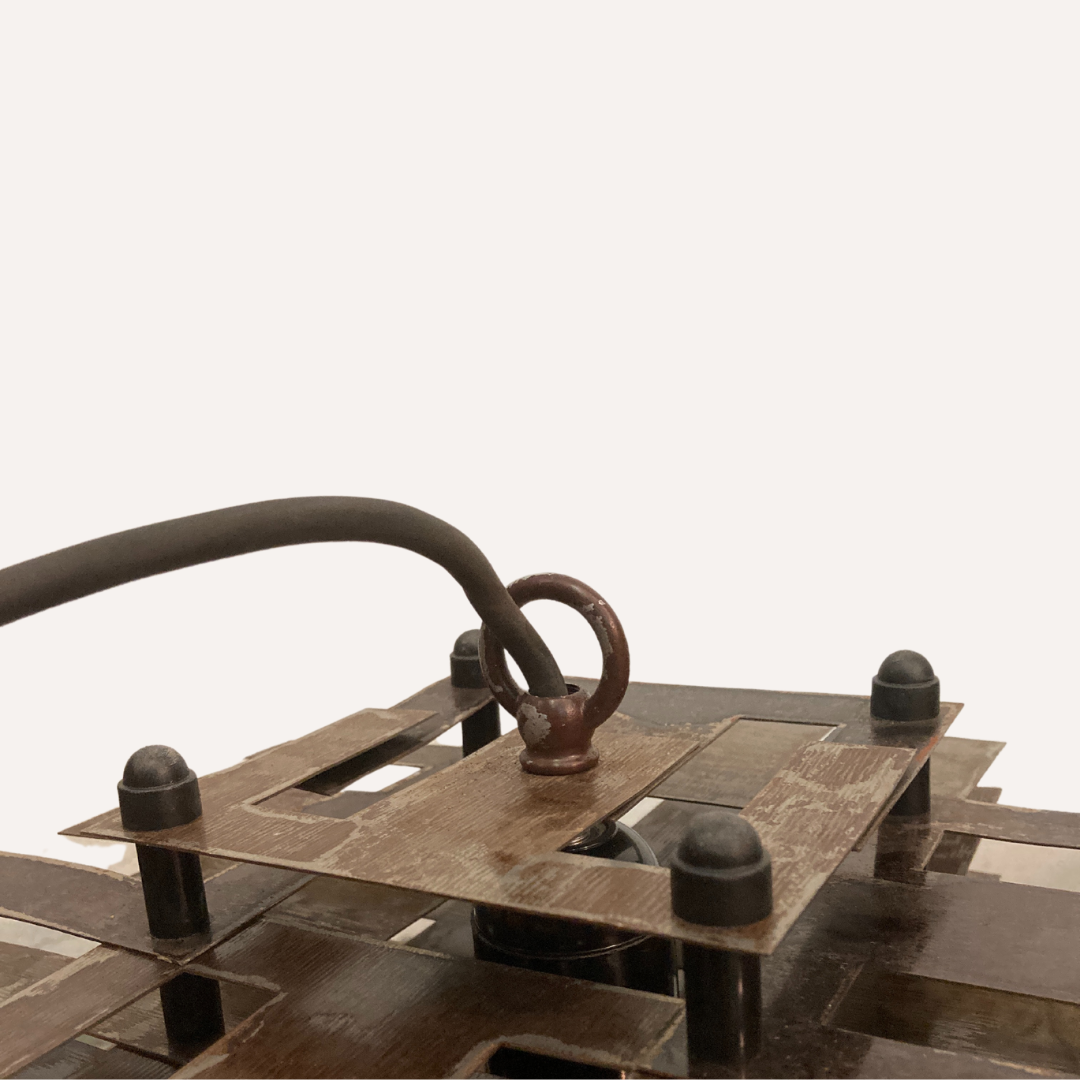 Pair modernist brutalist copper metal architectural hanging lamps, France