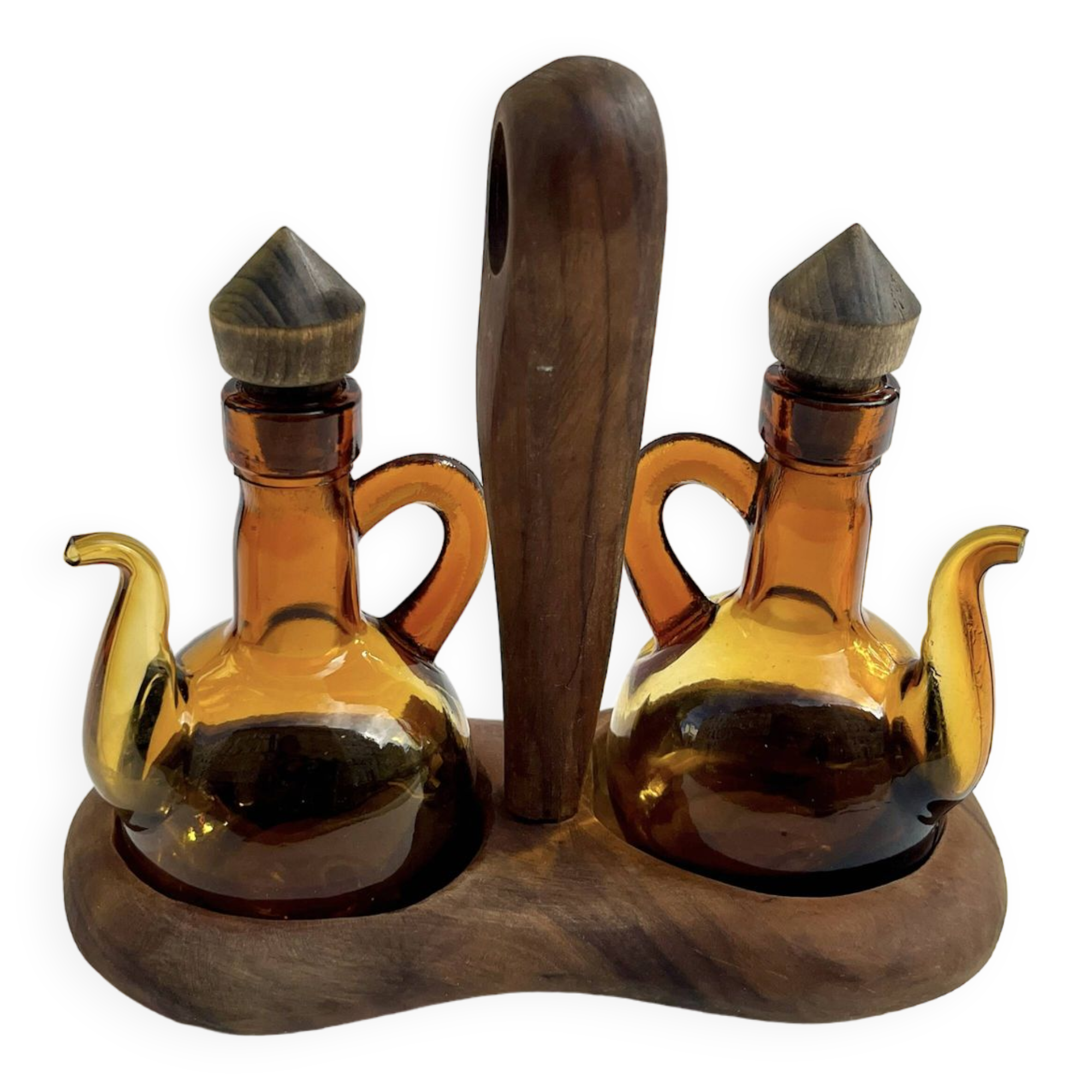 Oil and vinegar server amber glass and olive wood