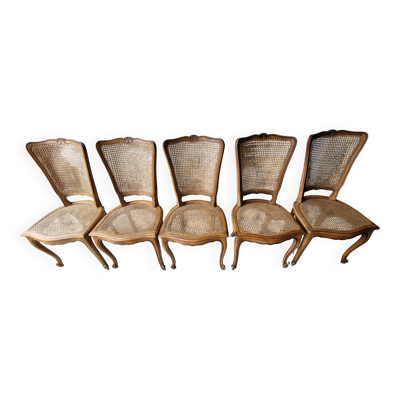 5 anciennes chaises de style en chêne massif cannées