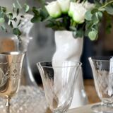 6 engraved wine glasses.