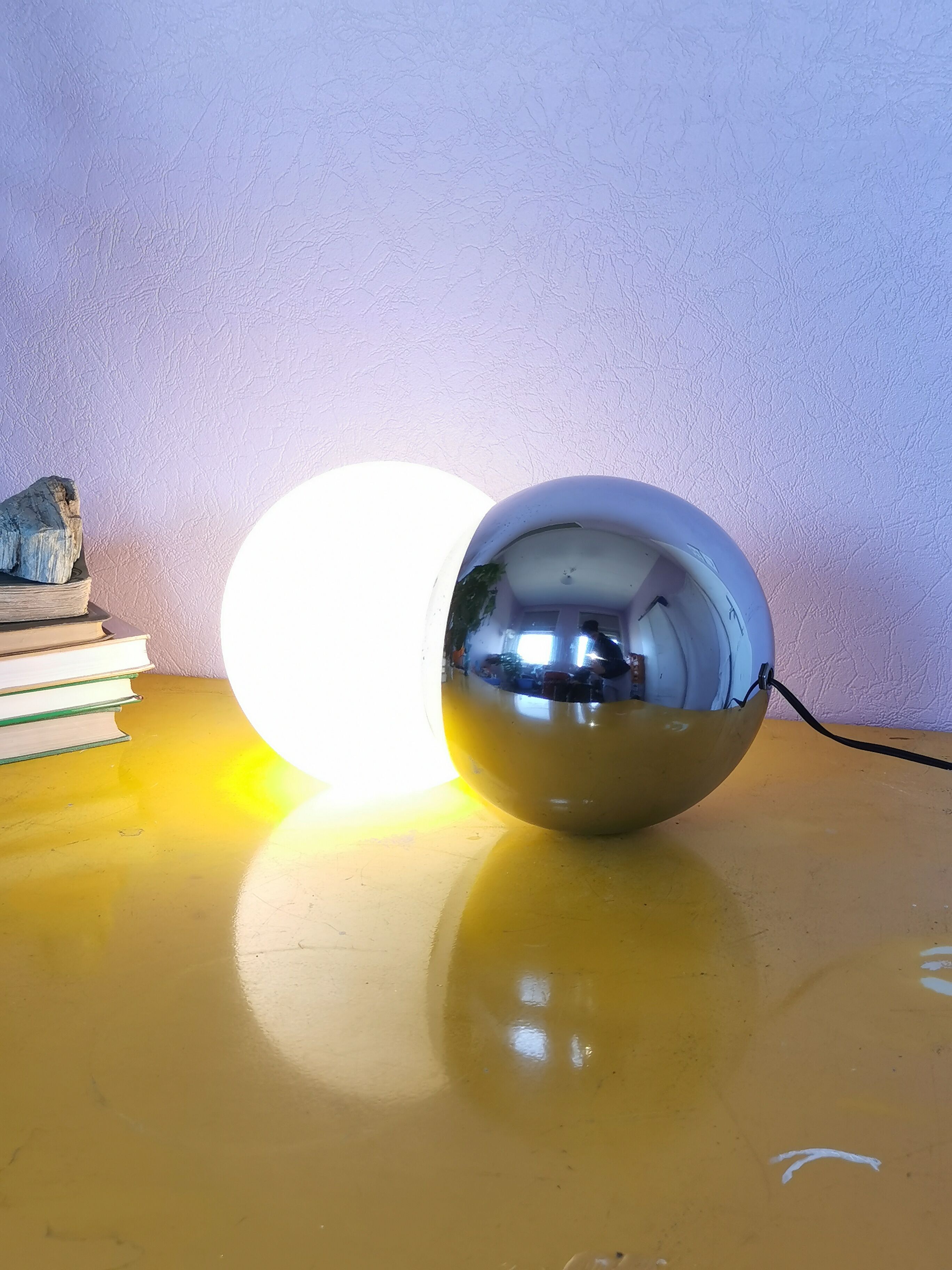 Lamp molecule, two balls, globe in opaline and stainless steel, 1970