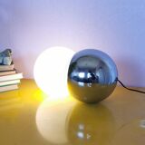 Lamp molecule, two balls, globe in opaline and stainless steel, 1970