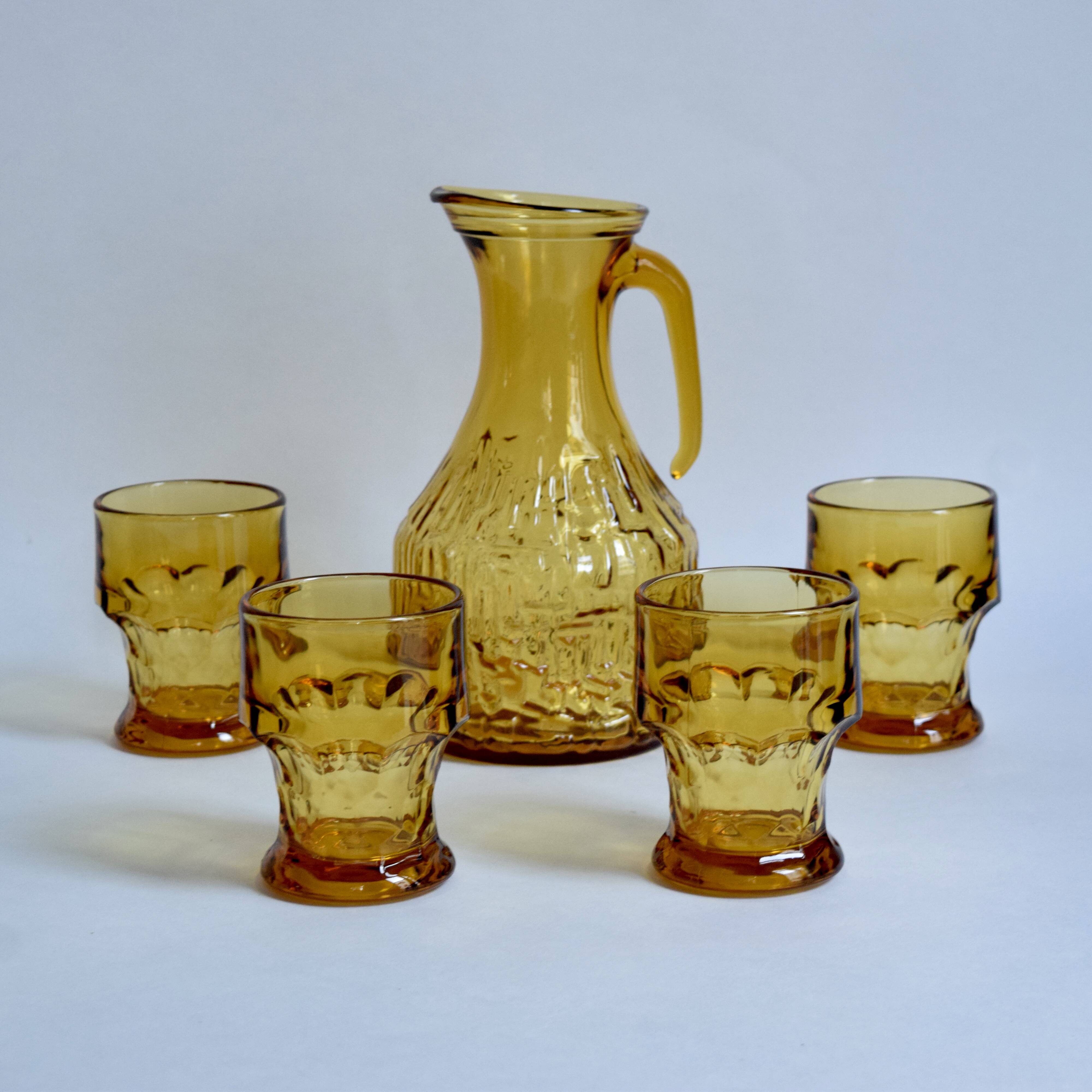 Vintage Amber Glass Orangeade Set - 1 Carafe + 4 Glasses - Made in Italy