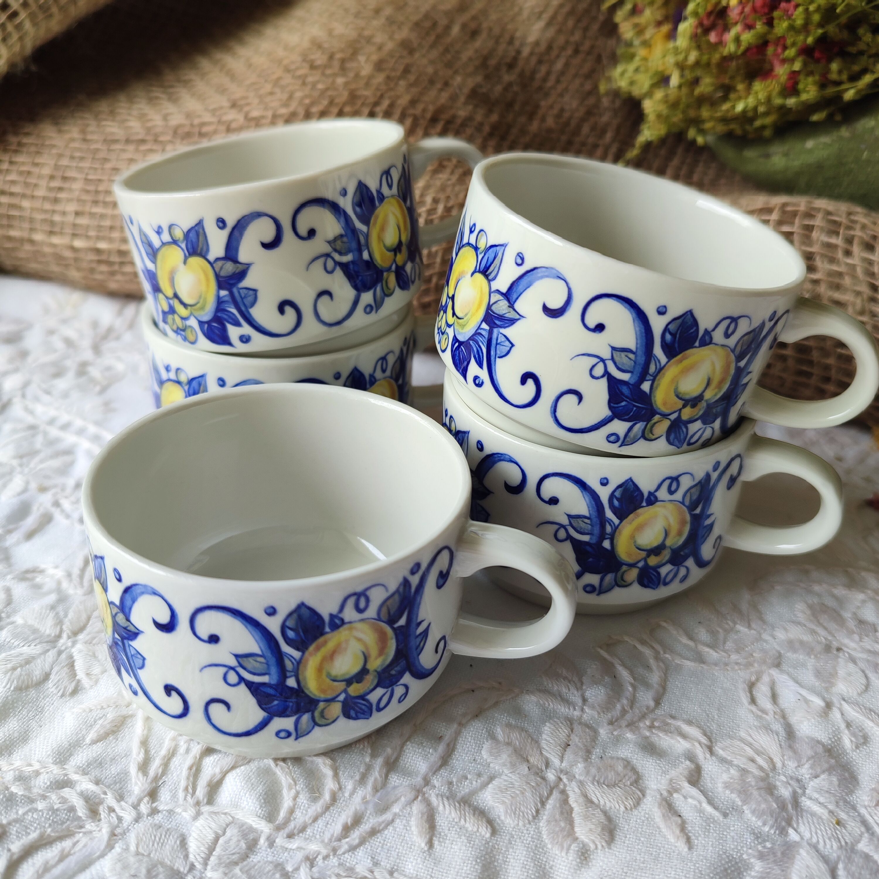 Set of 5 vintage Villeroy & Boch mugs – Cadiz model – Blue decor and