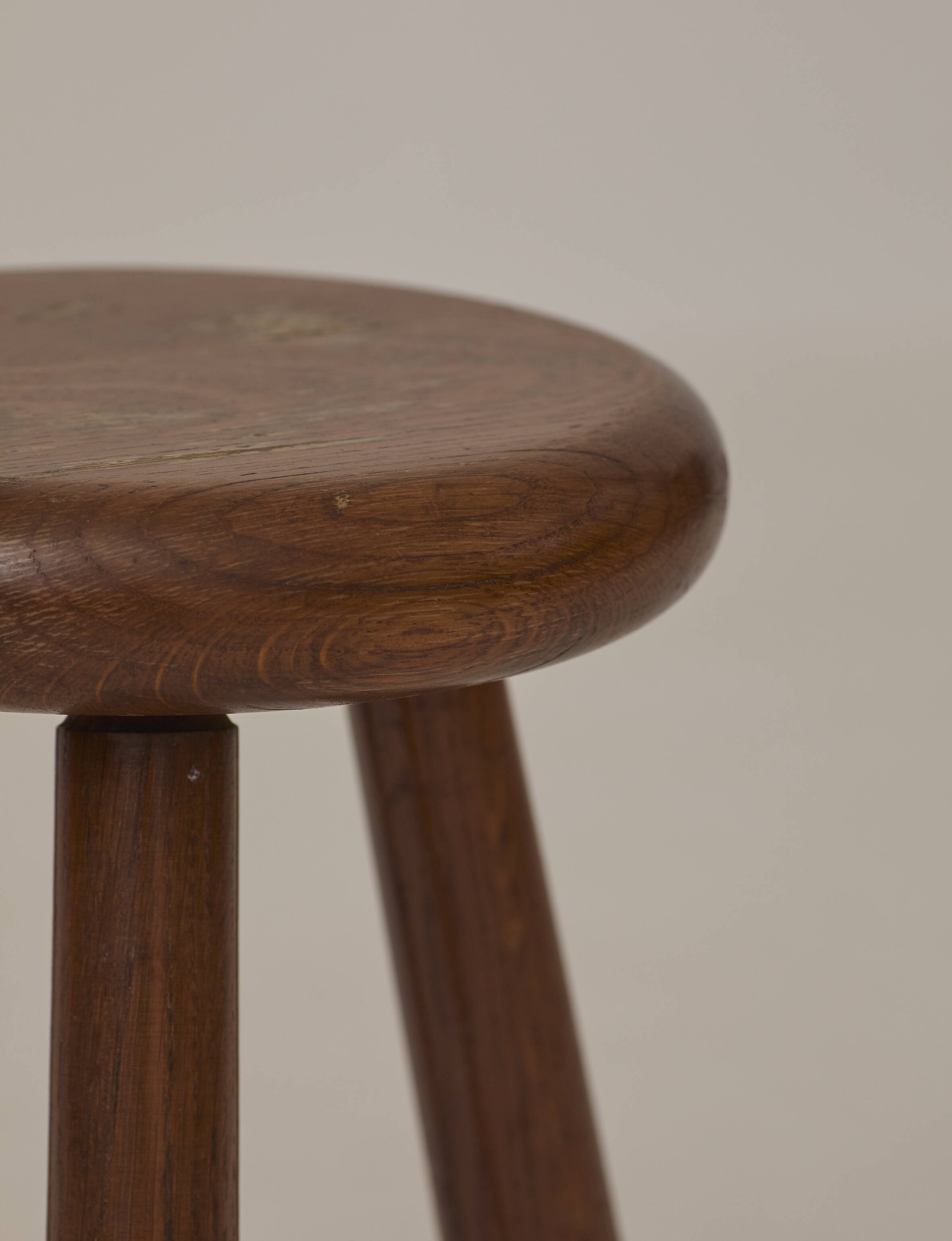Vintage French tripod brutalist stool in solid wood (oak) C. 1960