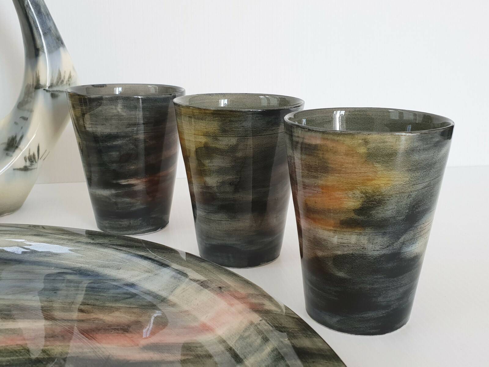 1950s vintage ceramic monaco monacera platter carafe & glasses set