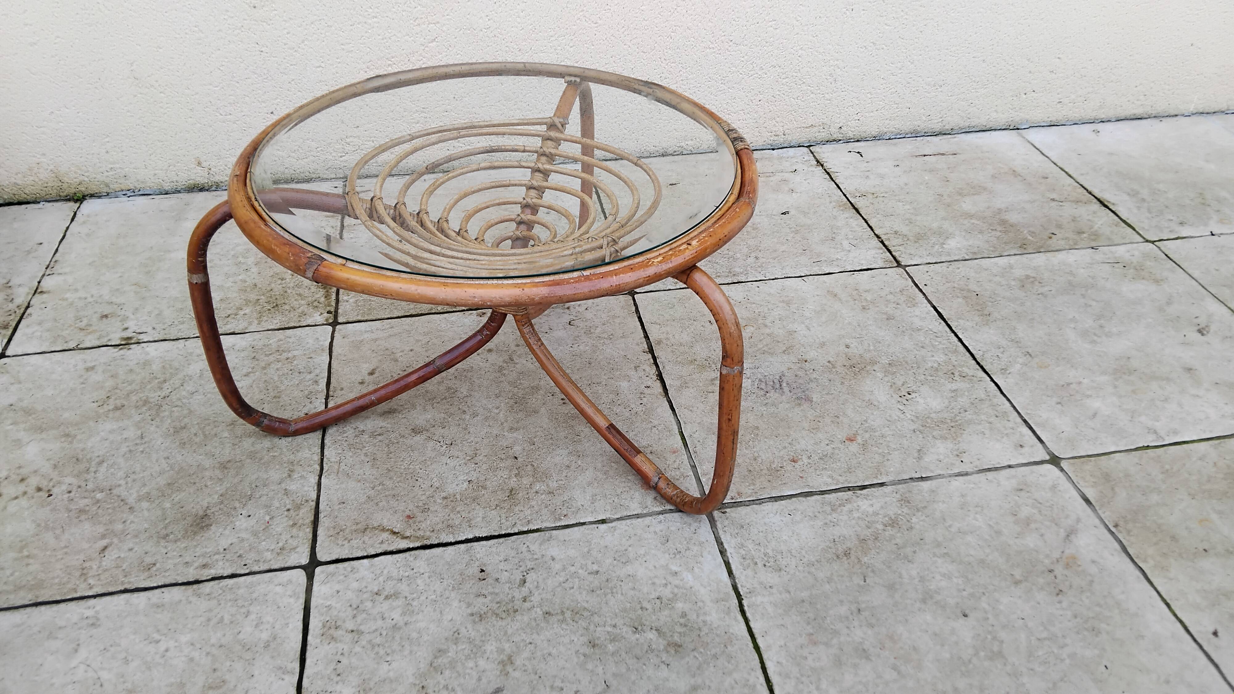 Vintage wicker and glass coffee table