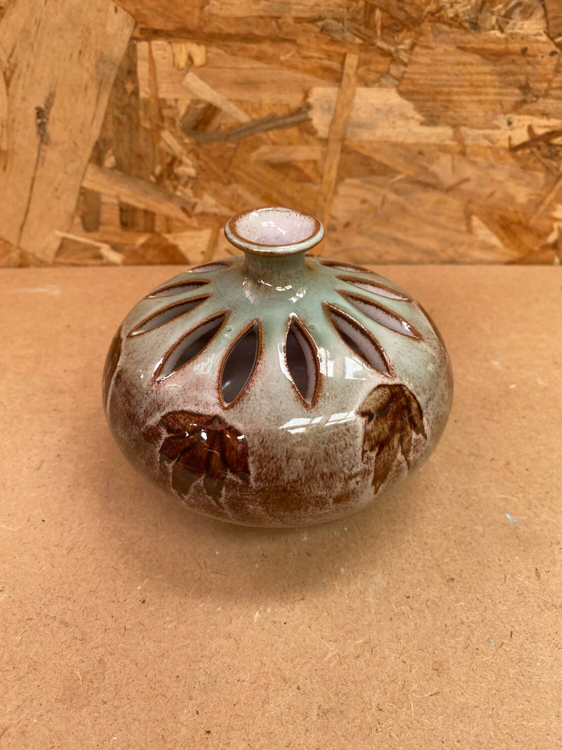 Antique brown glazed ceramic soliflore vase vintage leaf decor