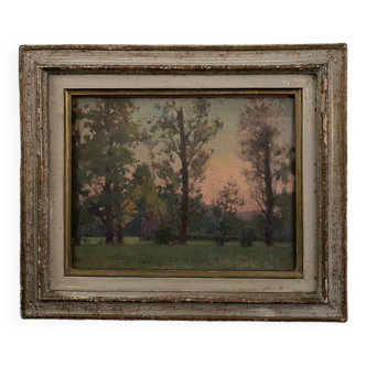 Huile sur carton "Sous-bois" par J. Berges