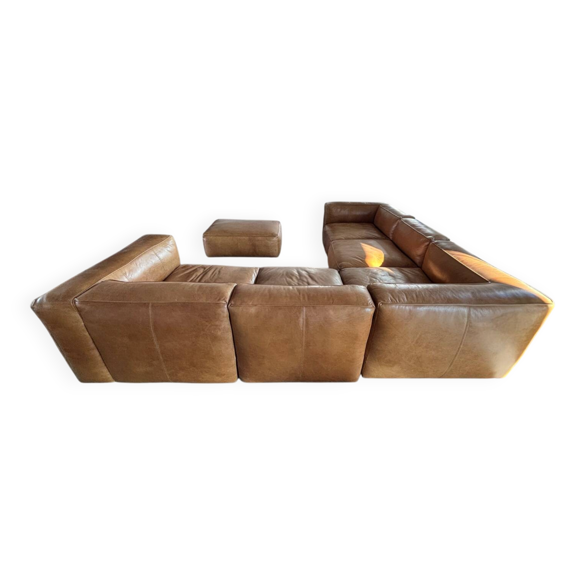 Modular corner sofa + pouf/ottoman in cognac Buffalo leather