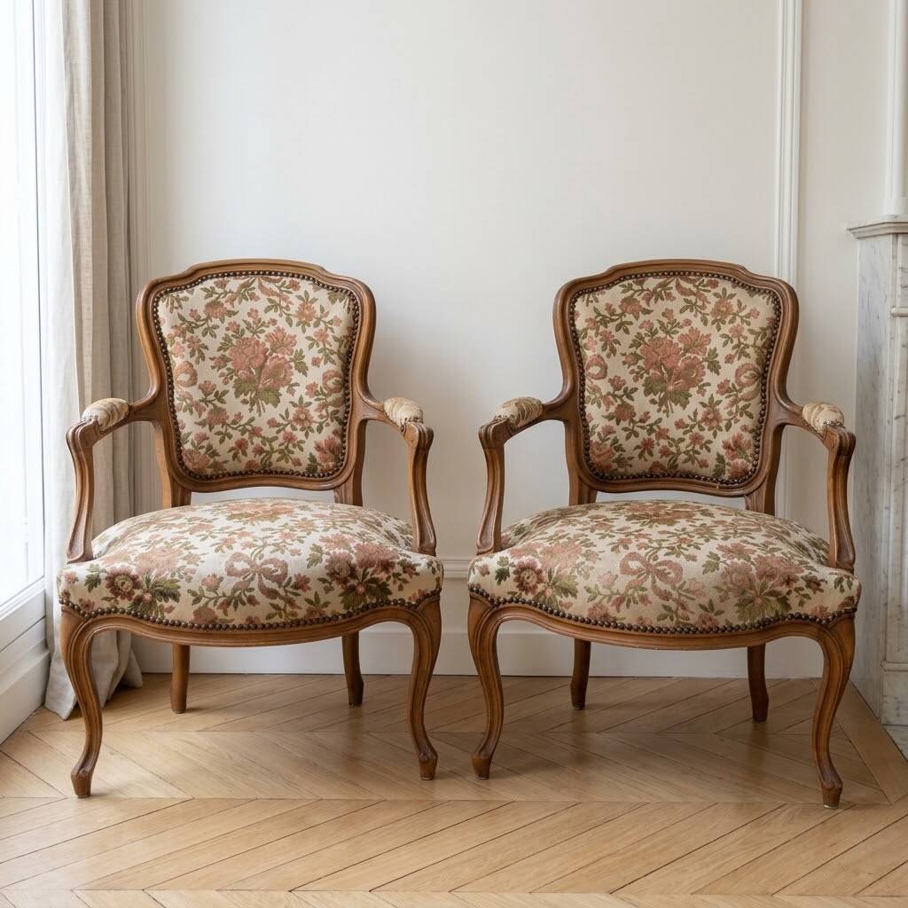 Pair of Louis XV armchairs in floral fabric and wood