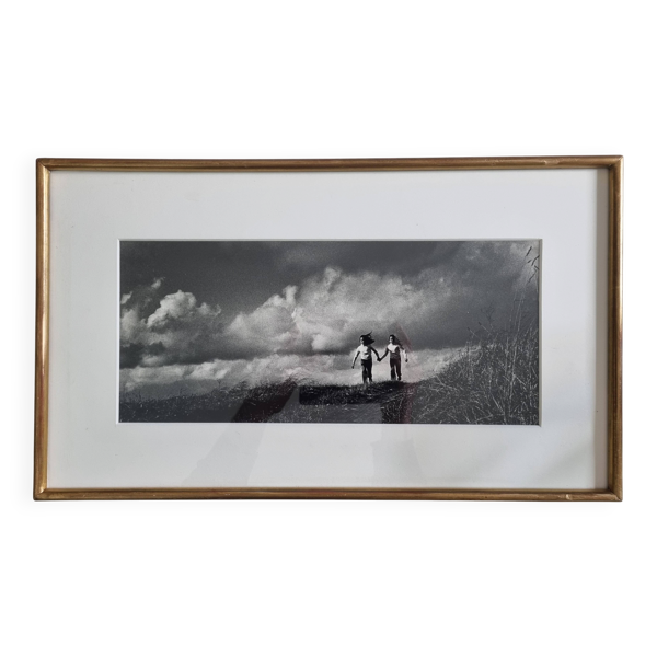 Photo noir et blanc vintage dunes années 70 encadrée 49 x 29 cm cadre doré
