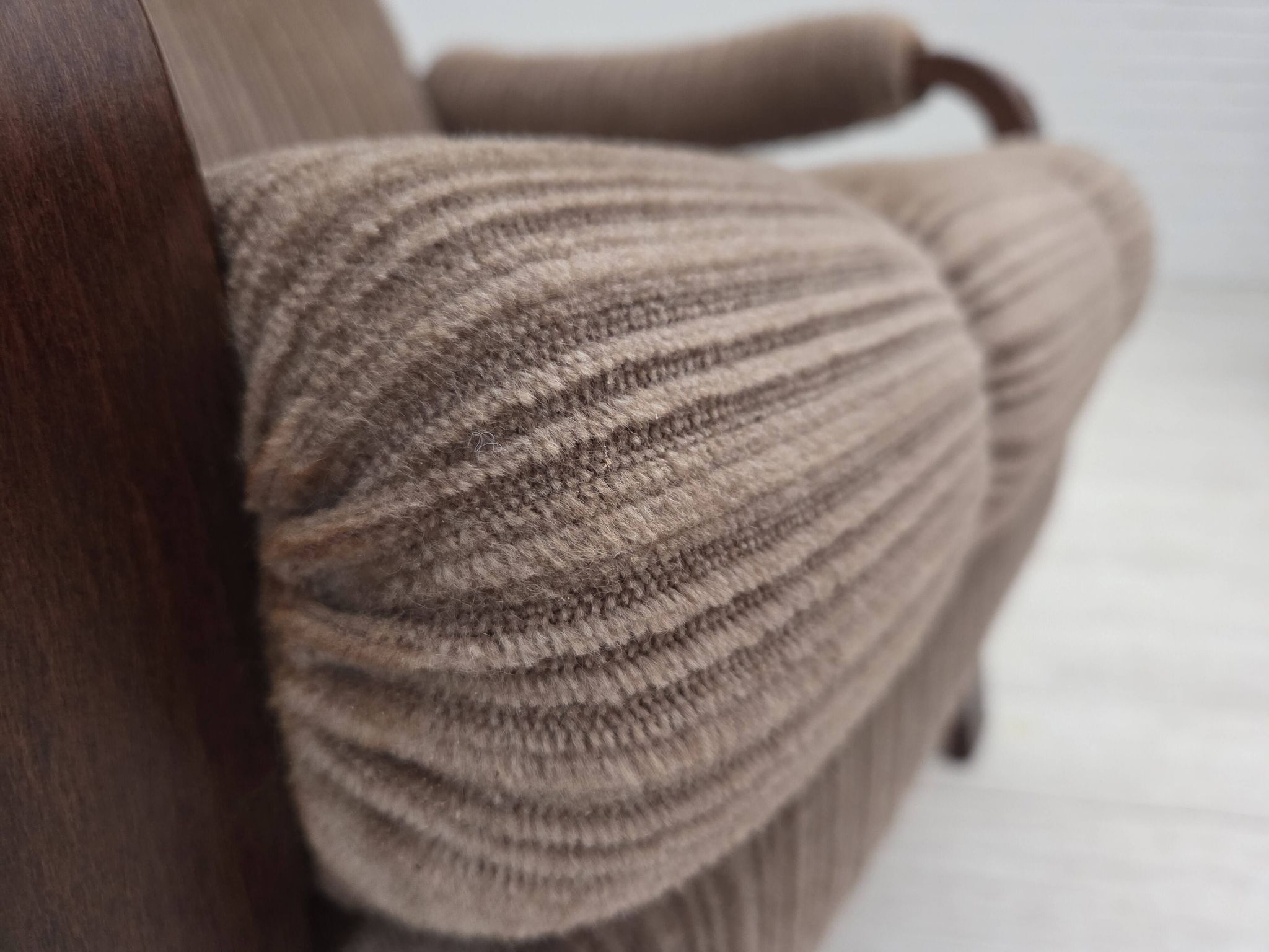 1970s, pair of Danish armchairs, brown furniture corduroy, beech wood.
