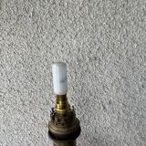 Large antique lamp in pink opaline and brass with engraved globe