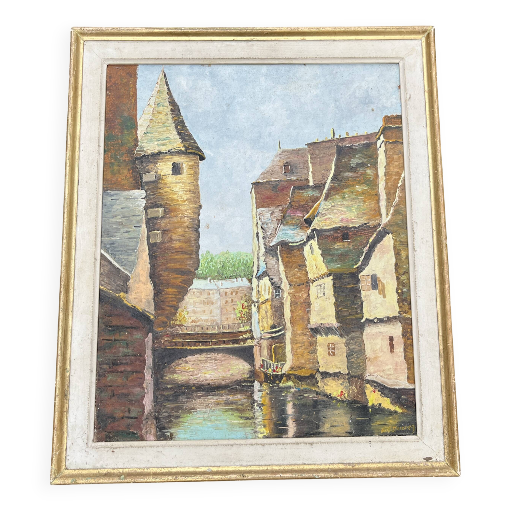 Antique painting – Medieval village scene by the water, signed