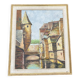 Antique painting – Medieval village scene by the water, signed