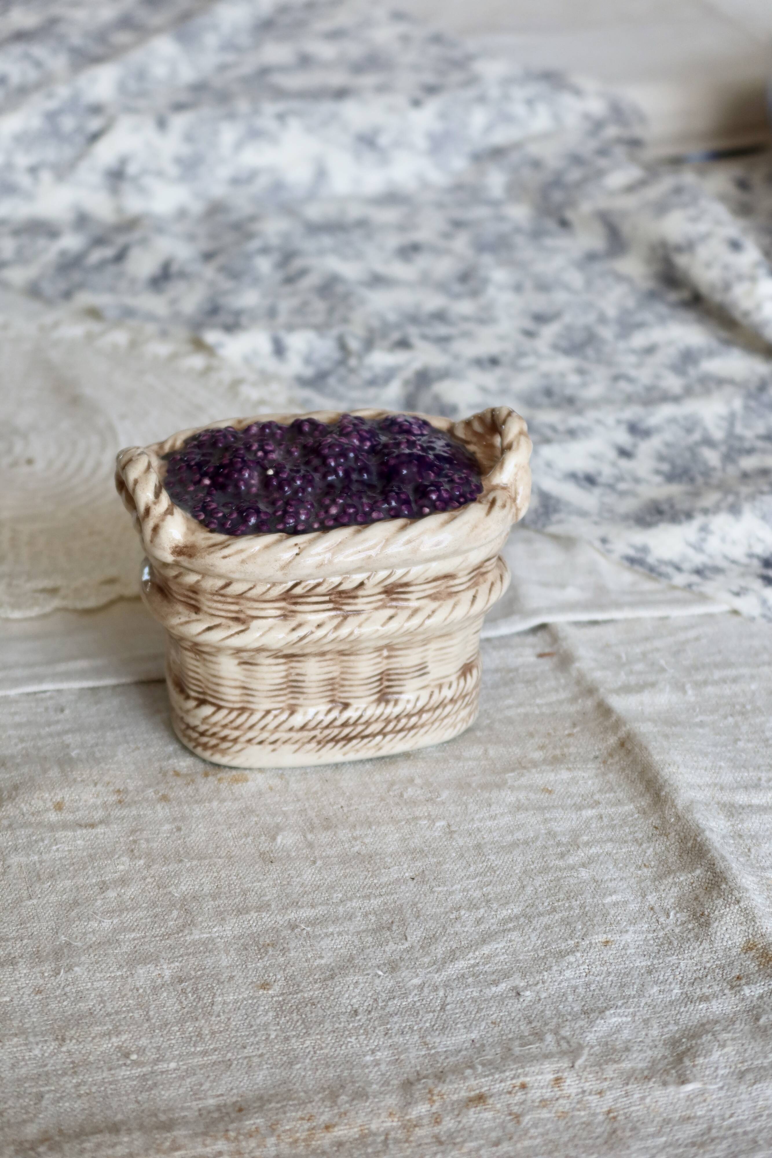 Vintage sugar bowl / candy dish with blackberry basket in slip
