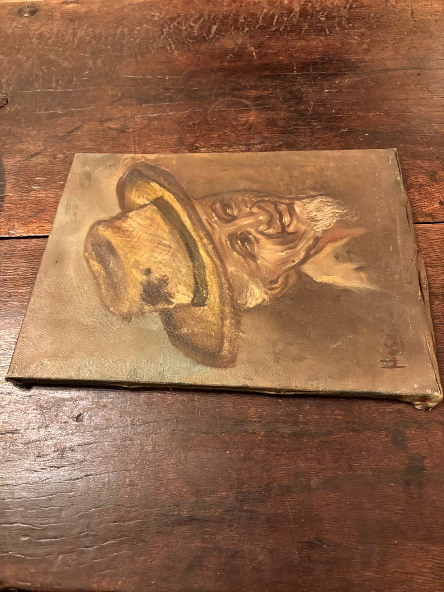 Old Table Oil on Canvas: Portrait of a Man in a Hat