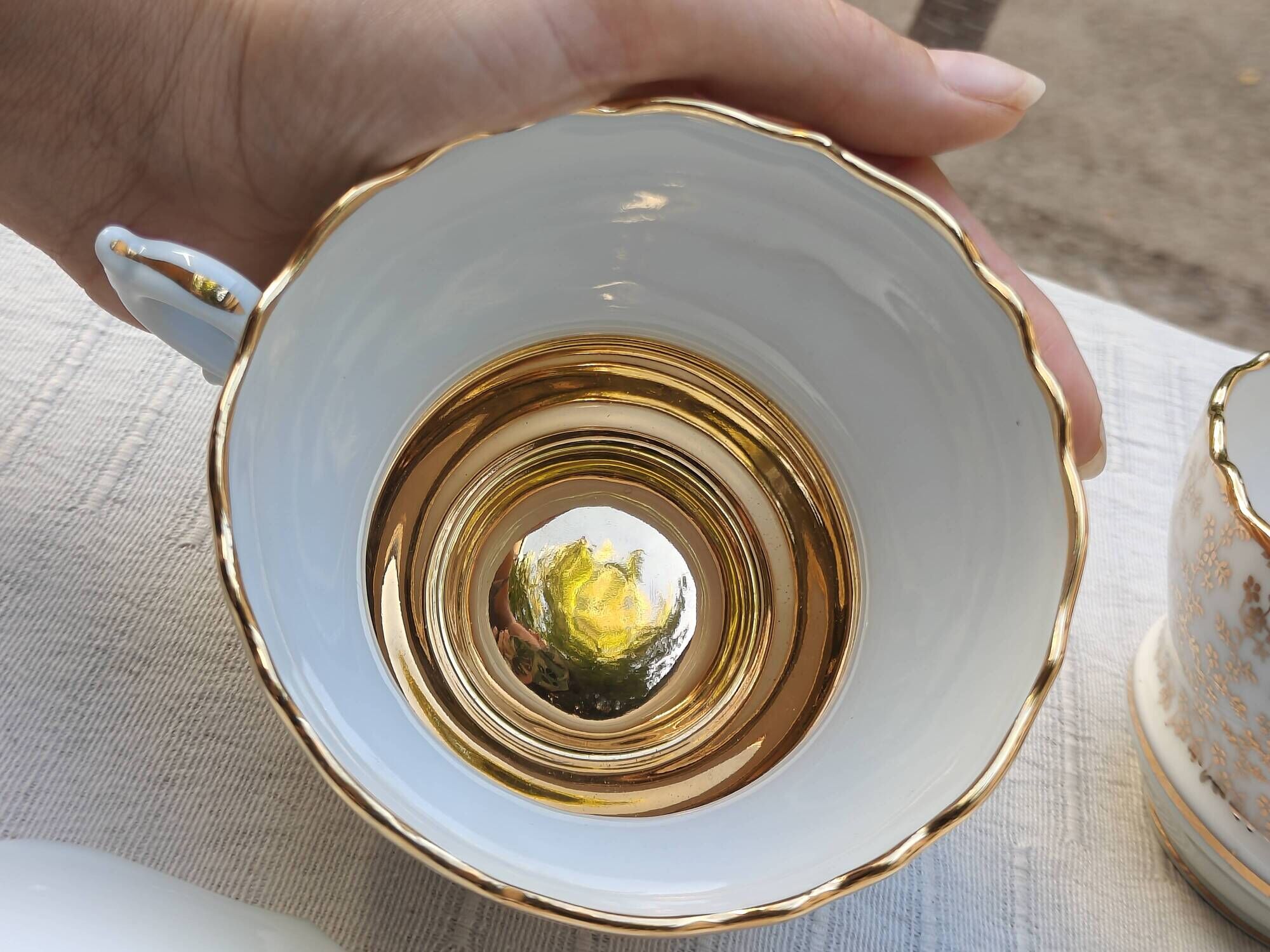 Duo of tea cups and saucers Limoges Lucien Michelaud - Green porcelain
