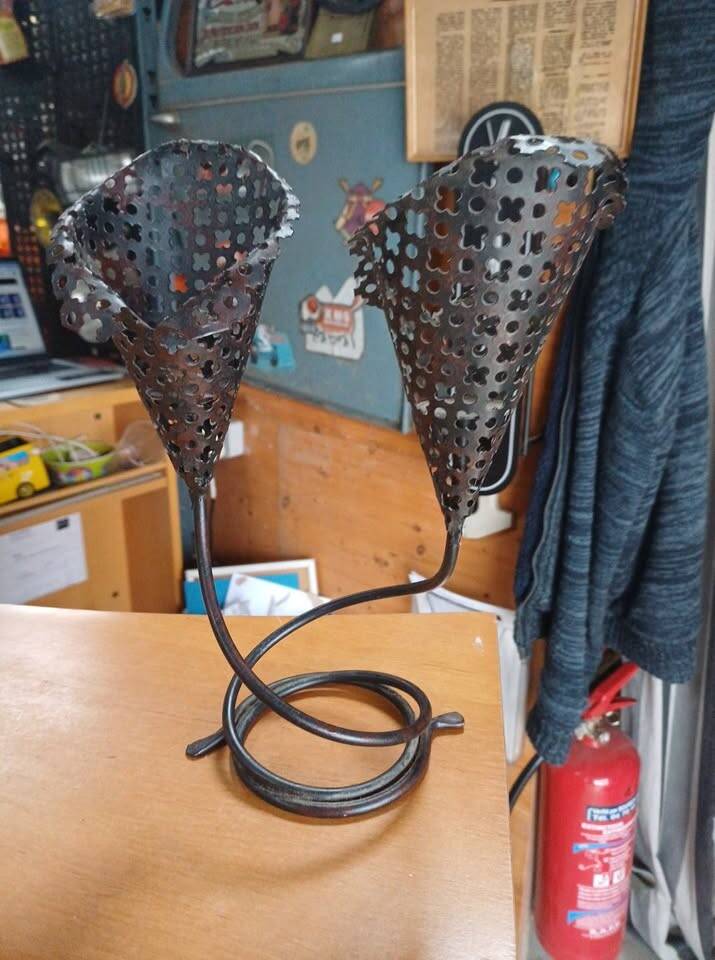 Vintage double candle holder in perforated metal – 60s/70s style