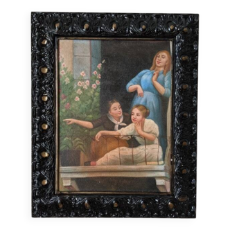 Oil painting on canvas, scene of life, black wooden frame, country decoration