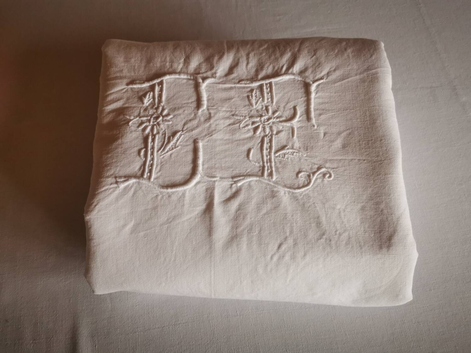 Old large linen sheet monogrammed CP