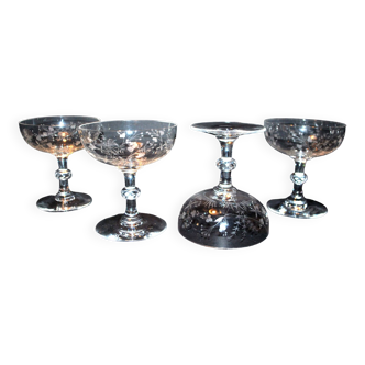 Lot de 4 coupes à champagne en cristal gravé taillé portieux 1900-1910 décor fleur champêtre
