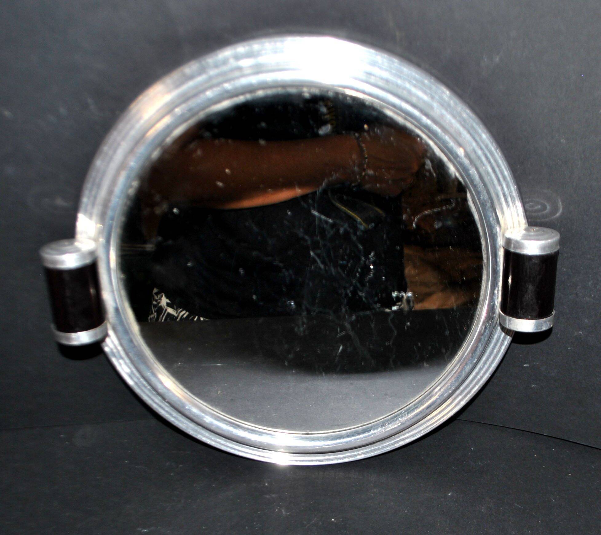 Plateau miroir art déco en métal chromé et bois 1930