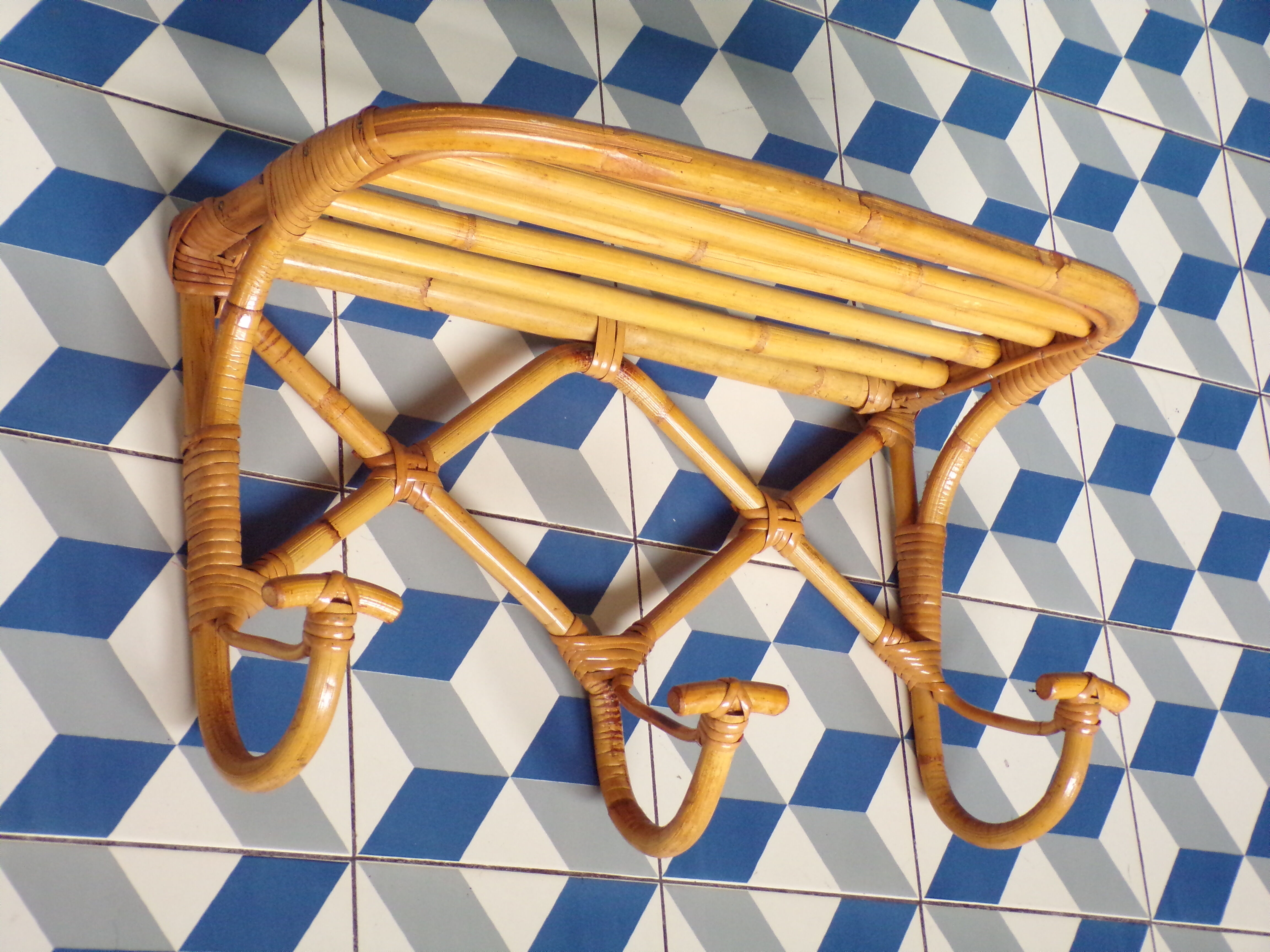 Vintage rattan coat rack with shelf