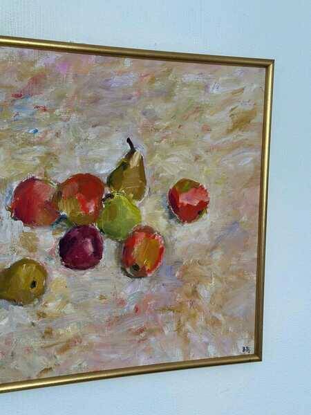 Original Swedish oil on canvas – “Frukt” by Bente Bjerregaard – dated 1989 – vintage & framed 59 × 70 cm