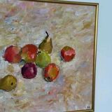 Original Swedish oil on canvas – “Frukt” by Bente Bjerregaard – dated 1989 – vintage & framed 59 × 70 cm