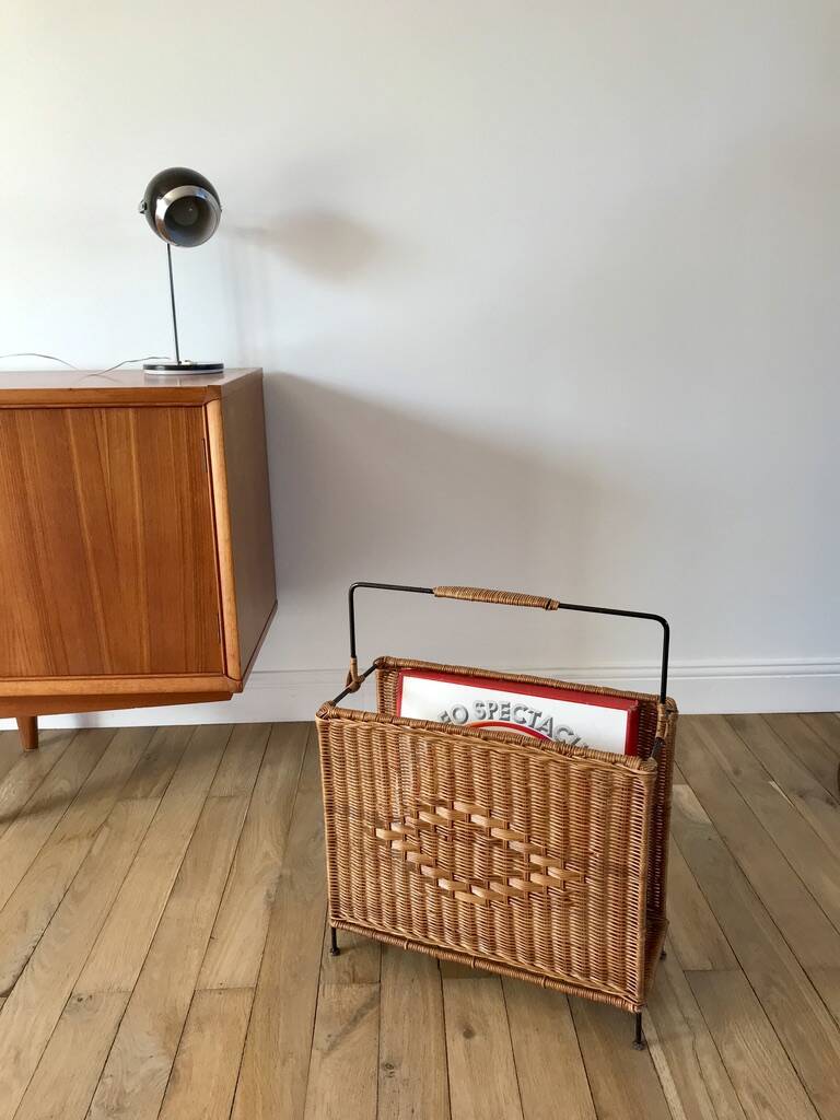 large wicker / rattan and black iron magazine rack from the 70s
