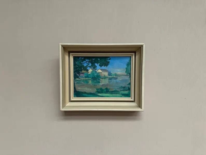Original Oil on Canvas – “House near The Lake” by Fern I. Coppedge – Signed – Vintage & Framed – 30 × 24 cm (11.8" × 9.4")