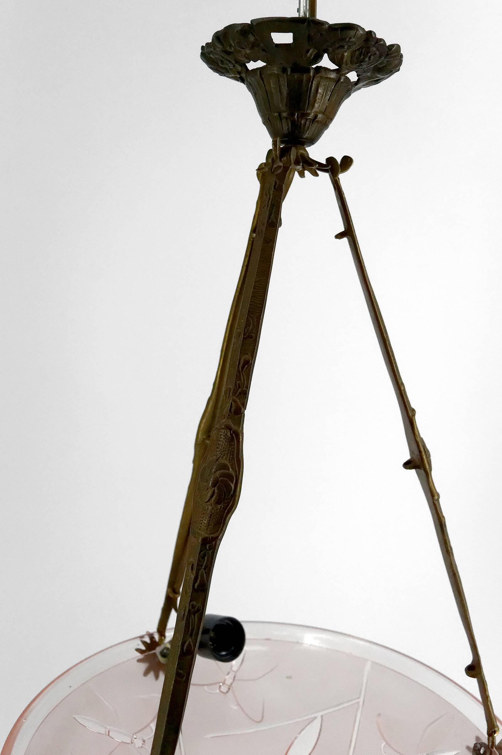 Bronze and glass pendant light with butterfly decoration, Degué, France, 1930