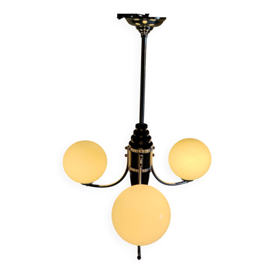 Lustre Art-déco en métal, bois et globes opaline - années 40/50