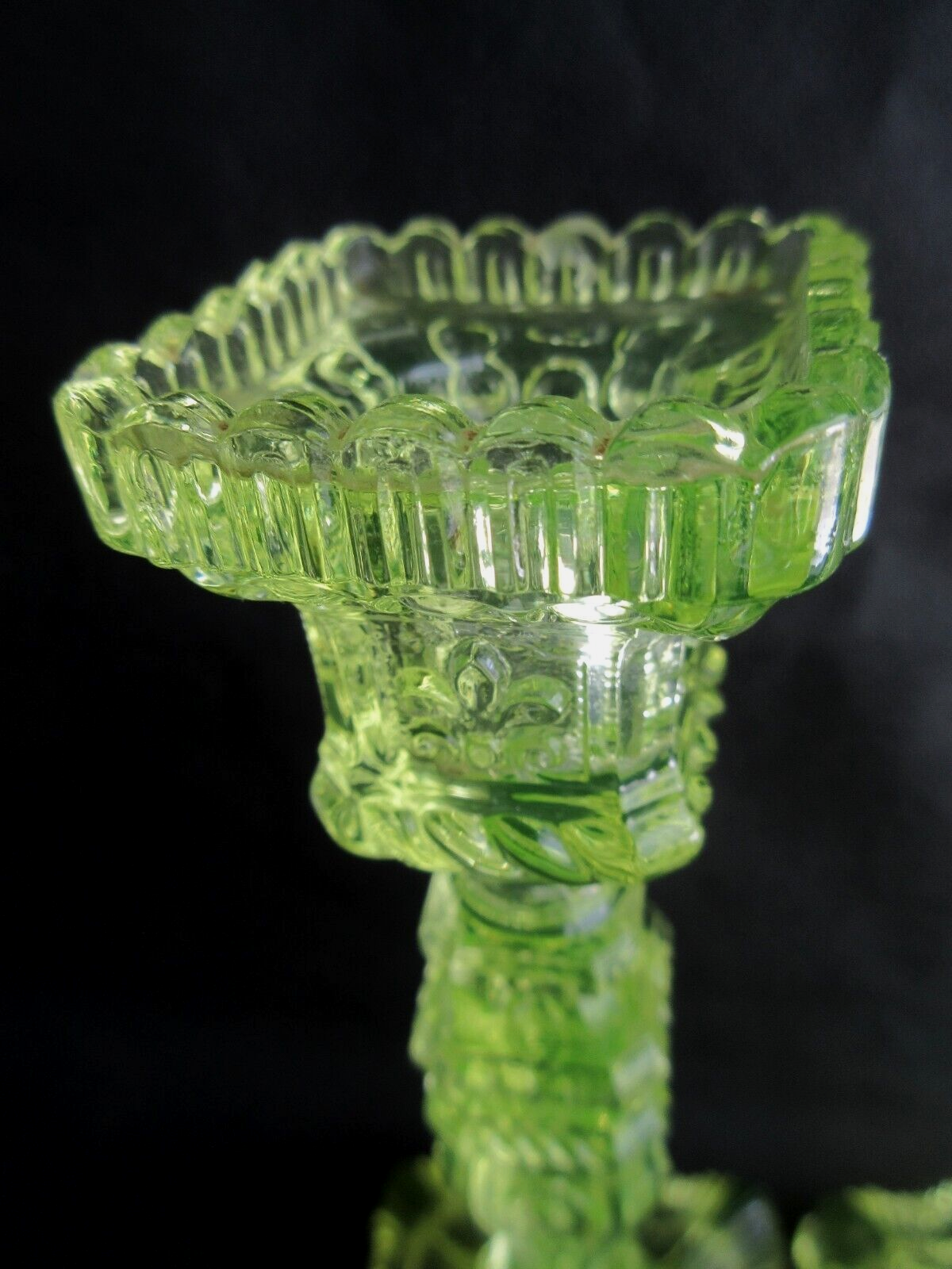 2 old yellow uraline glass candle holders signed portieux