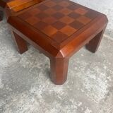 Pair of 1970s Checkered Parquet Side Tables — Warm Walnut Brown Wood, Geometric