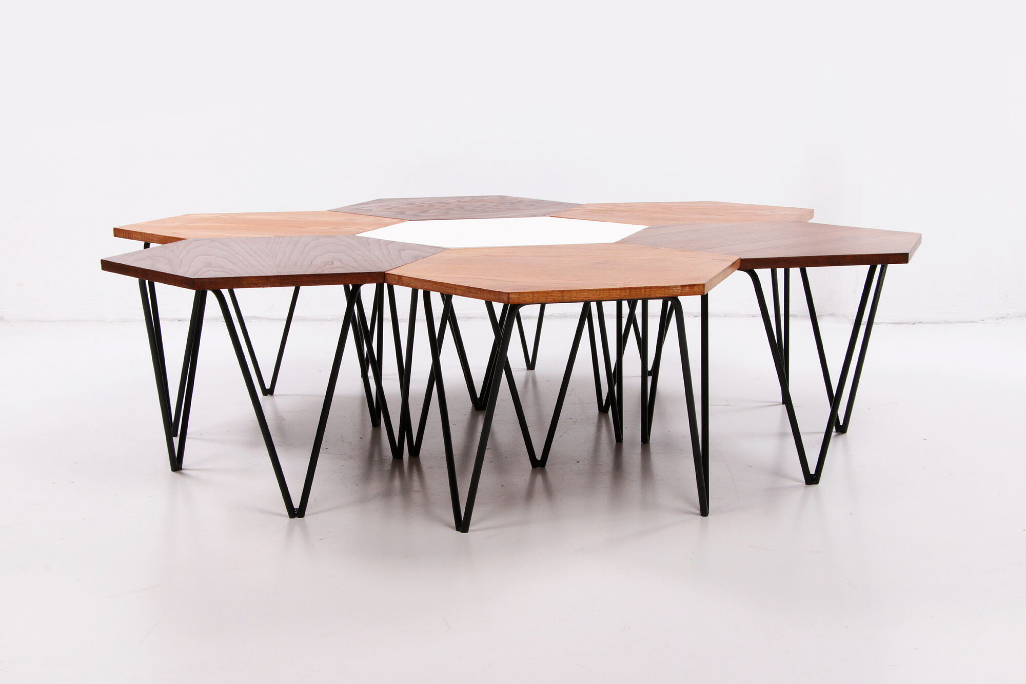 Gio Ponti Set of 7 hexagonal coffee table by ISA Bergamo, 1950 Italy.