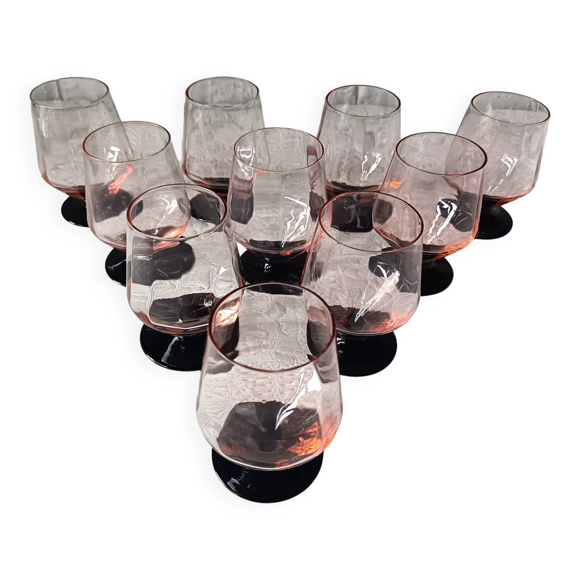10 large pink art deco glasses with black stem Vintage France